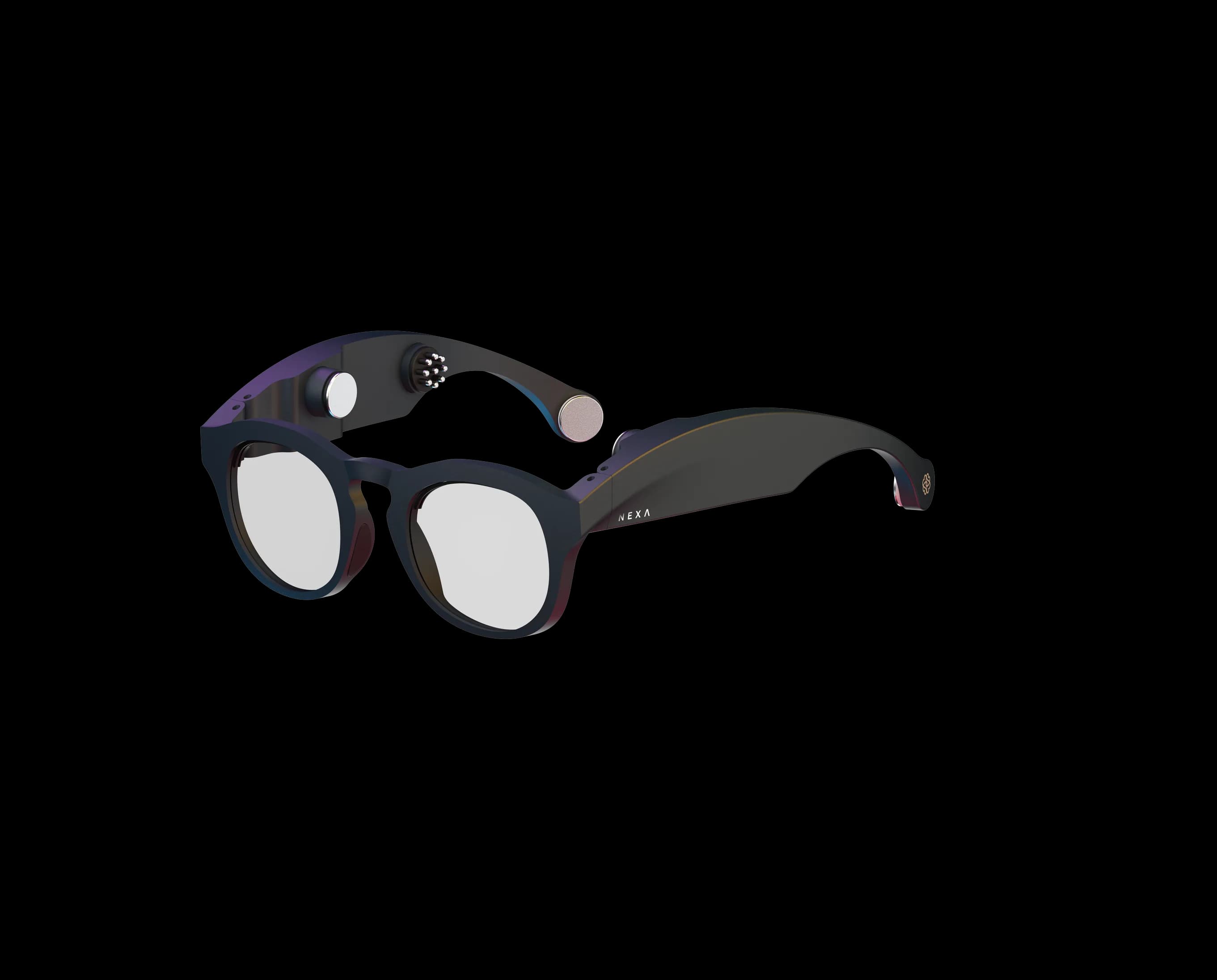 The NEXA EEG Glasses, a matte black frame with sensor modules built into the temples.